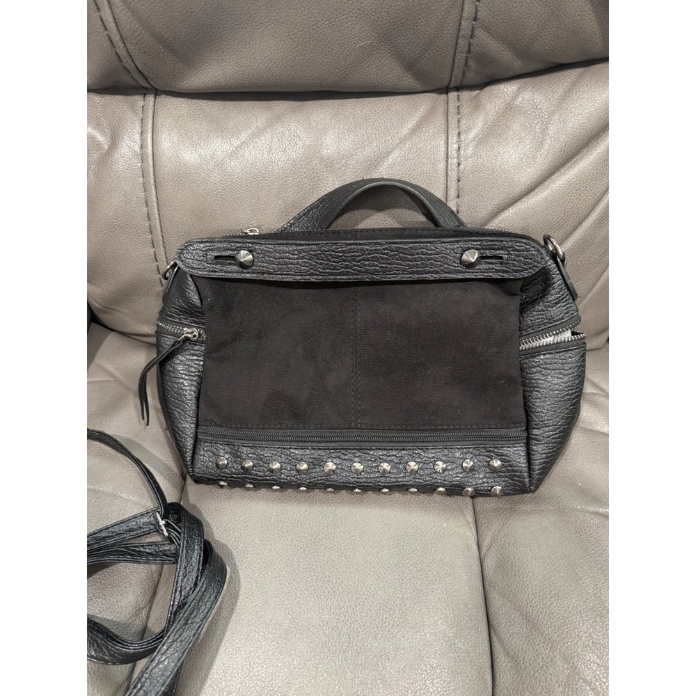 Black Studded Leather Suede Satchel Crossbody Bag Silver Hardware Edgy Moto